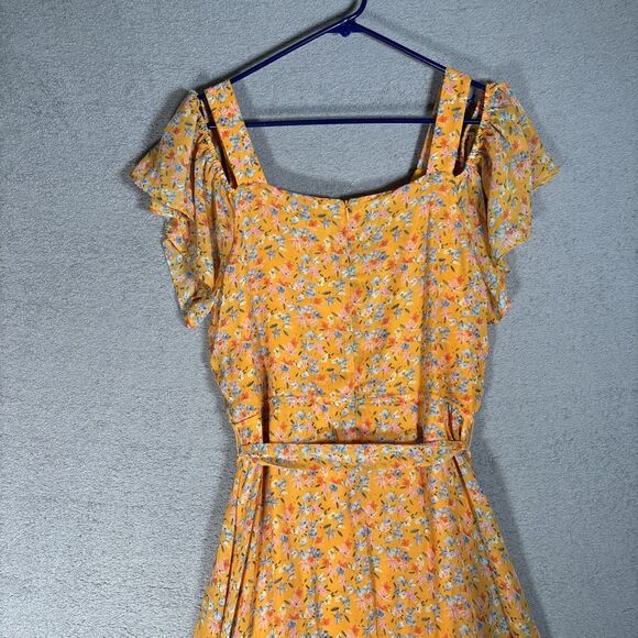 Maison Tara Womens Size 14 Cold Shoulder Maxi Dress Chiffon Yellow Belted Ruffle - Picture 11 of 12